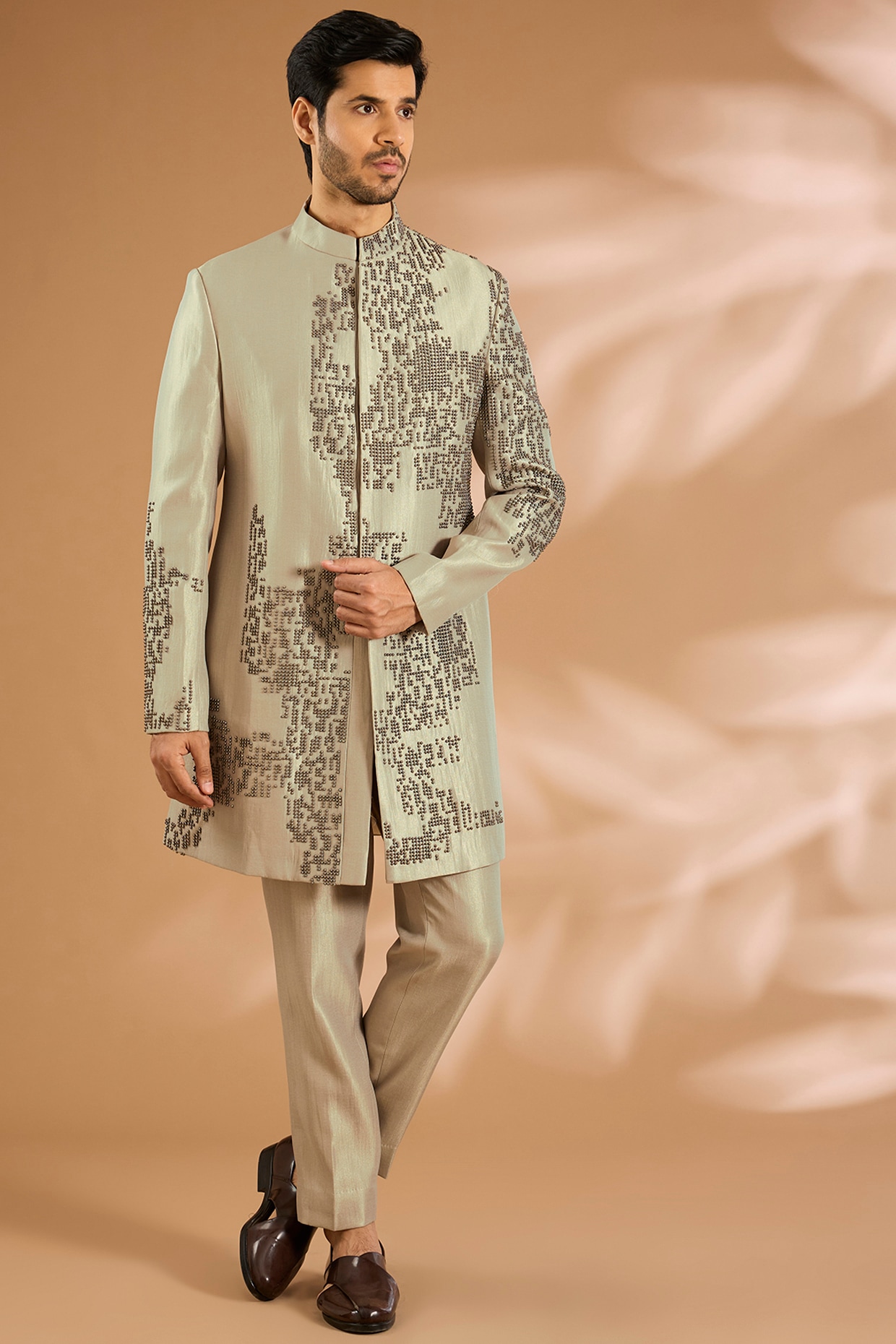 Qbik Light Sage Linen Silk Chanderi Crystal Hand Embroidered Indowestern Set