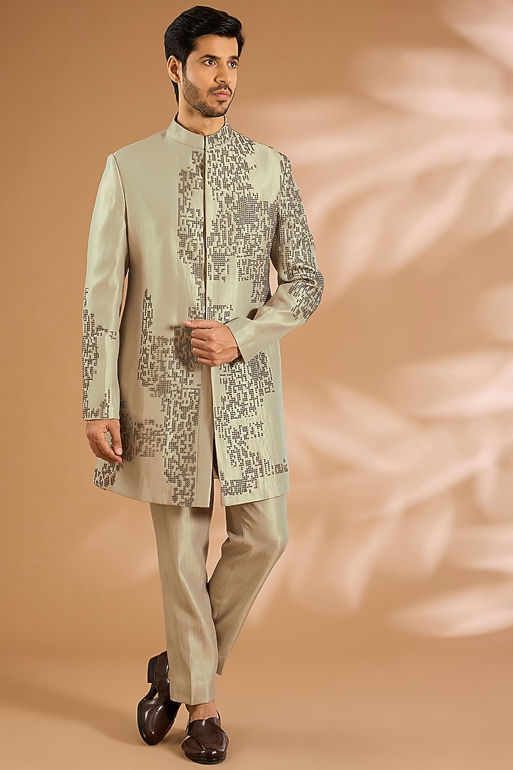 Light Sage Linen Silk Chanderi Crystal Hand Embroidered Groom Indowestern Set by Qbik Men at Pernia's Pop Up Shop