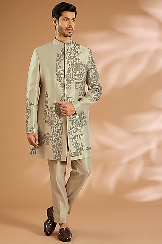 Light Sage Linen Silk Chanderi Crystal Hand Embroidered Indowestern Set by Qbik Men