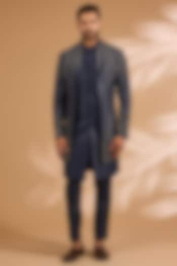 Navy Blue Cotton Matka & Viscose Suiting Knit Indowestern Set by Qbik Men