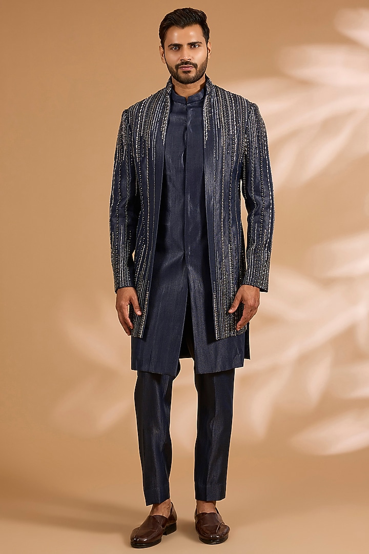 Navy Blue Cotton Matka & Viscose Suiting Knit Indowestern Set by Qbik Men