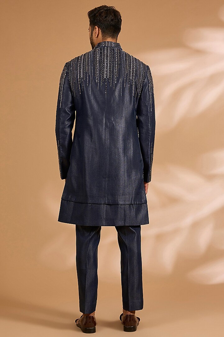 Navy Blue Cotton Matka & Viscose Suiting Knit Groom Indowestern Set by Qbik Men at Pernia's Pop Up Shop