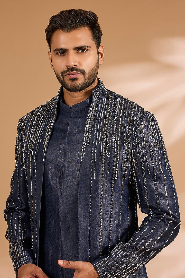 Navy Blue Cotton Matka & Viscose Suiting Knit Groom Indowestern Set by Qbik Men at Pernia's Pop Up Shop
