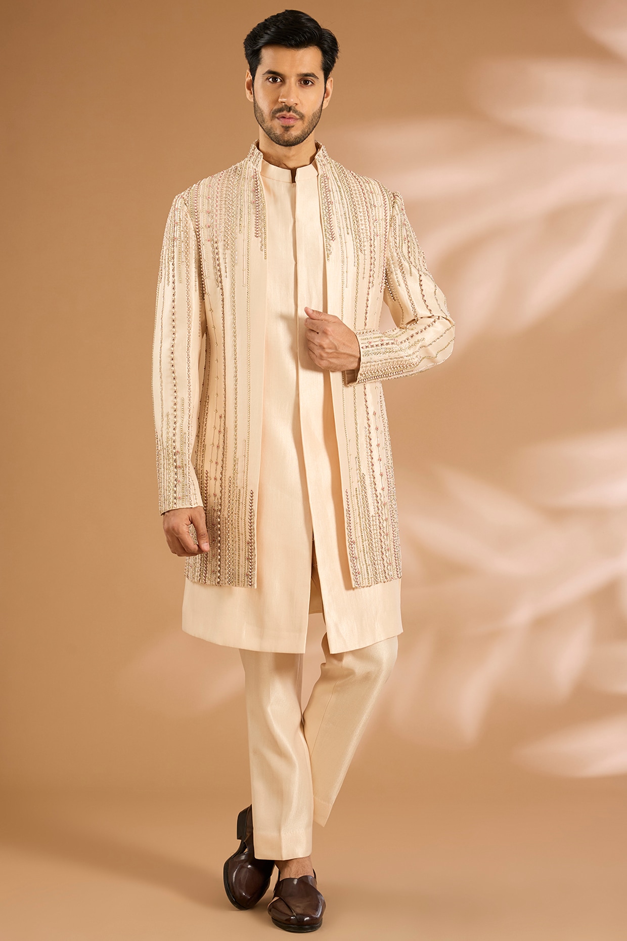 Qbik Light Blush Linen Silk Chanderi Cutdana Embroidered Indowestern Set