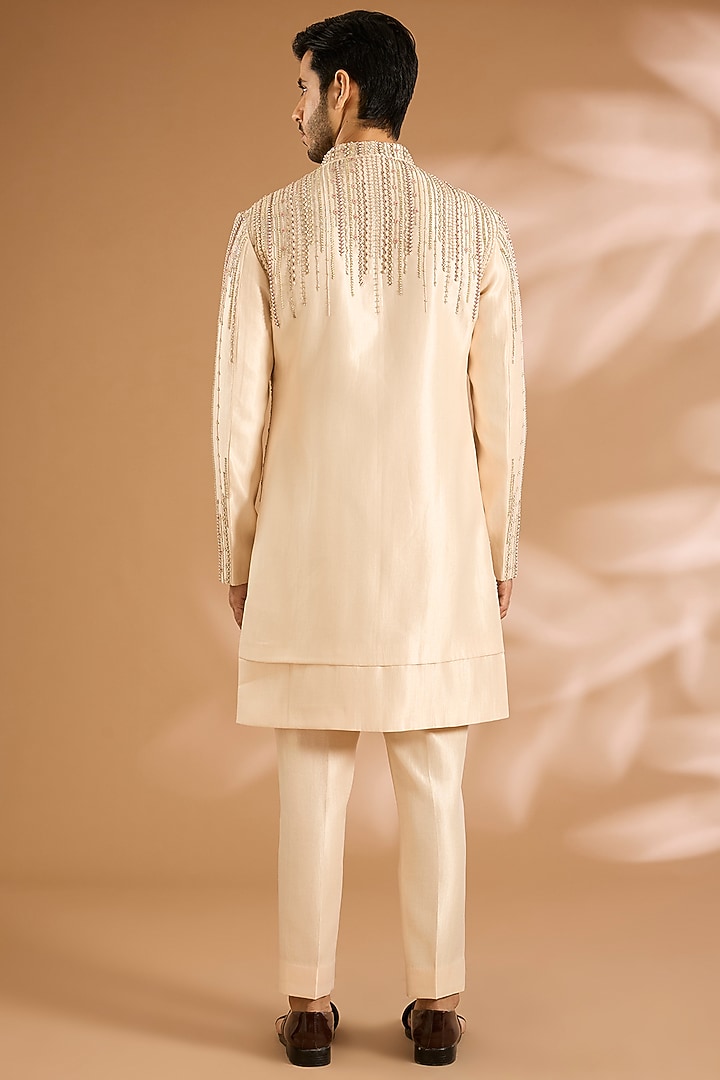 Light Blush Linen Silk Chanderi Cutdana Embroidered Groom Indowestern Set by Qbik Men at Pernia's Pop Up Shop