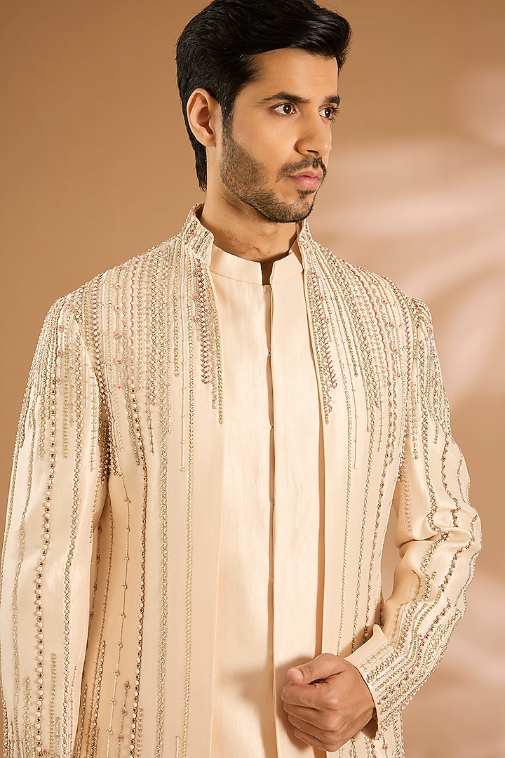 Light Blush Linen Silk Chanderi Cutdana Embroidered Groom Indowestern Set by Qbik Men at Pernia's Pop Up Shop