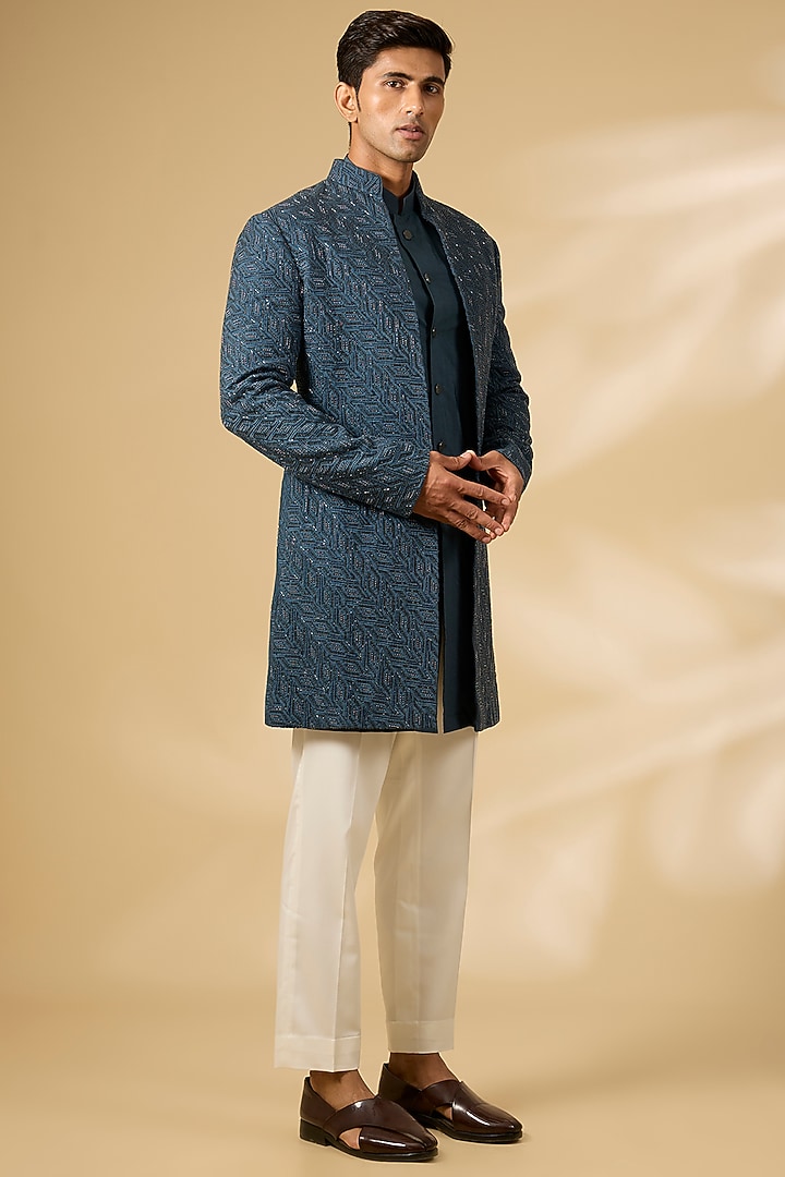 Teal Viscose Suiting Embroidered Groom Indowestern Set by Qbik Men at Pernia's Pop Up Shop