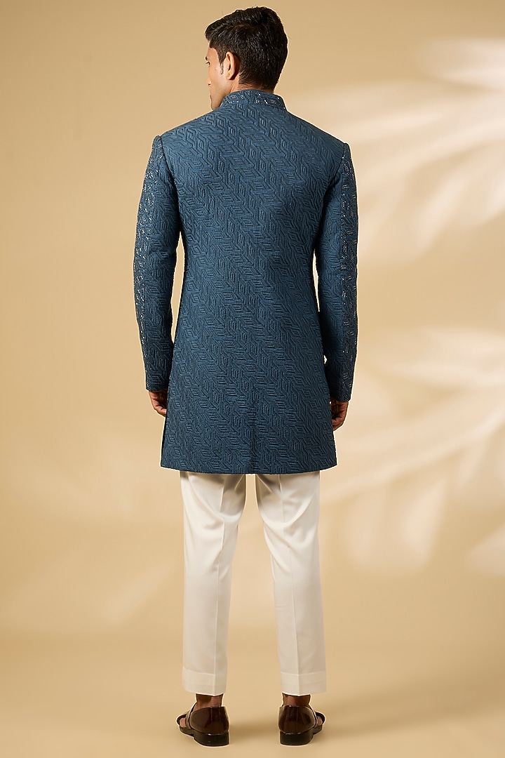 Teal Viscose Suiting Embroidered Groom Indowestern Set by Qbik Men at Pernia's Pop Up Shop