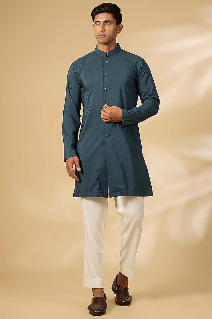 Teal Viscose Suiting Embroidered Groom Indowestern Set by Qbik Men at Pernia's Pop Up Shop