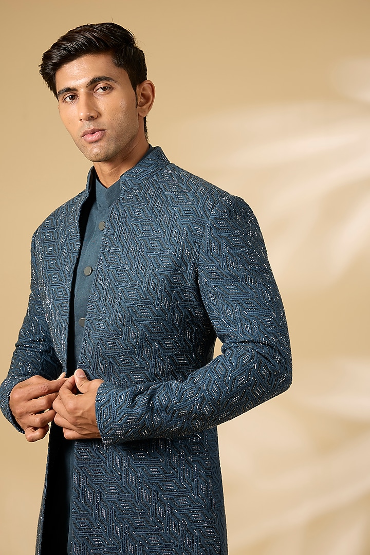 Teal Viscose Suiting Embroidered Groom Indowestern Set by Qbik Men at Pernia's Pop Up Shop