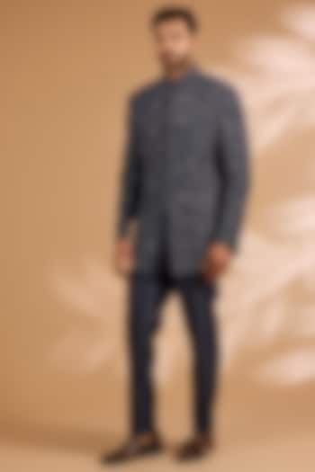 Navy Blue Cotton Silk & Viscose Suiting Knit Indowestern Set by Qbik Men