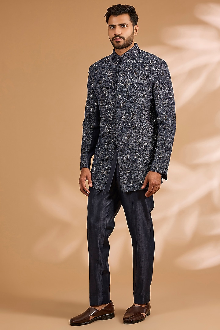 Navy Blue Cotton Silk & Viscose Suiting Knit Indowestern Set by Qbik Men