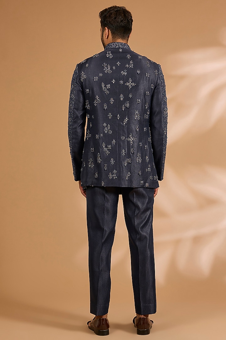 Navy Blue Cotton Silk & Viscose Suiting Knit Groom Indowestern Set by Qbik Men at Pernia's Pop Up Shop