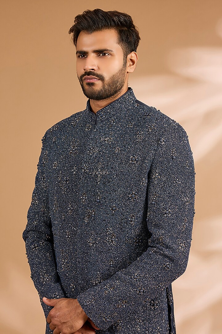 Navy Blue Cotton Silk & Viscose Suiting Knit Groom Indowestern Set by Qbik Men at Pernia's Pop Up Shop