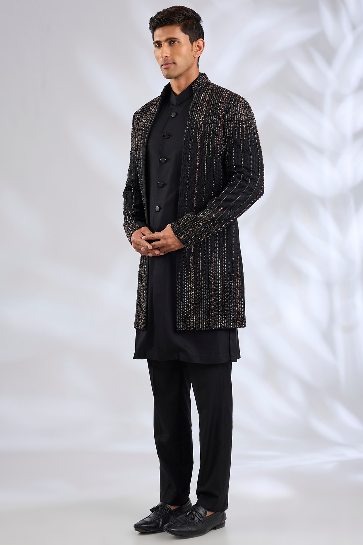 Qbik Black Viscose Wool Sequins Embroidered Indowestern Set