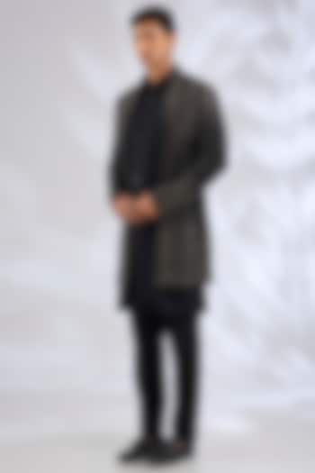 Black Viscose Wool Sequins Embroidered Groom Indowestern Set by Qbik Men at Pernia's Pop Up Shop