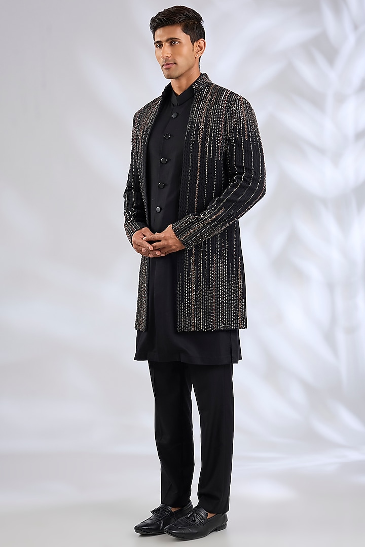 Black Viscose Wool Sequins Embroidered Groom Indowestern Set by Qbik Men at Pernia's Pop Up Shop