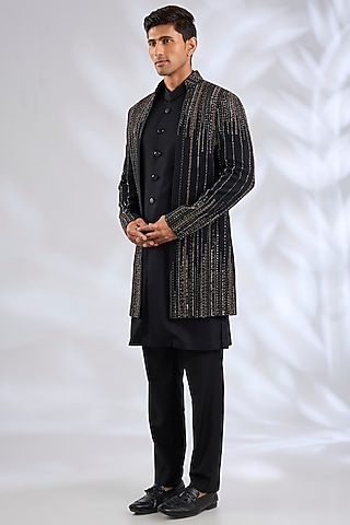 Black Viscose Wool Sequins Embroidered Indowestern Set by Qbik Men