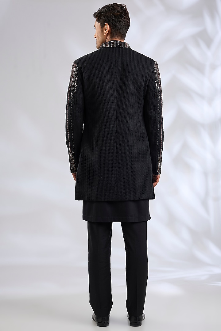 Black Viscose Wool Sequins Embroidered Groom Indowestern Set by Qbik Men at Pernia's Pop Up Shop