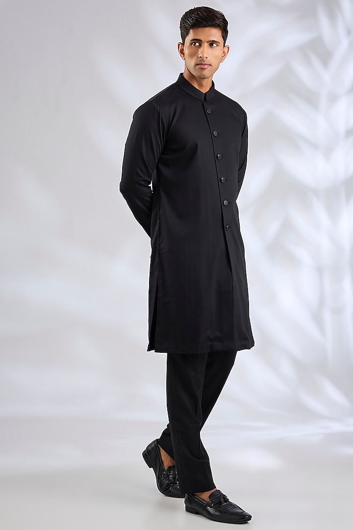 Black Viscose Wool Sequins Embroidered Groom Indowestern Set by Qbik Men at Pernia's Pop Up Shop