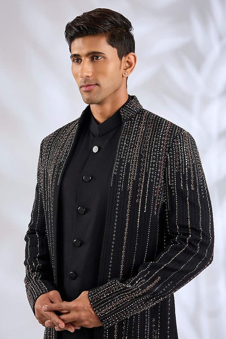 Black Viscose Wool Sequins Embroidered Groom Indowestern Set by Qbik Men at Pernia's Pop Up Shop