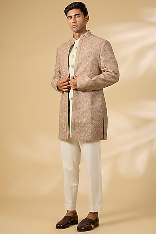 Multi-Colored Jacquard Embroidered Indowestern Set by Qbik Men