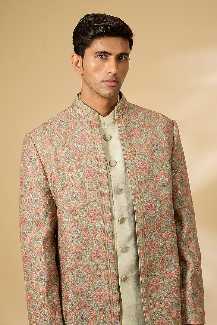 Multi-Colored Jacquard Embroidered Groom Indowestern Set by Qbik Men at Pernia's Pop Up Shop