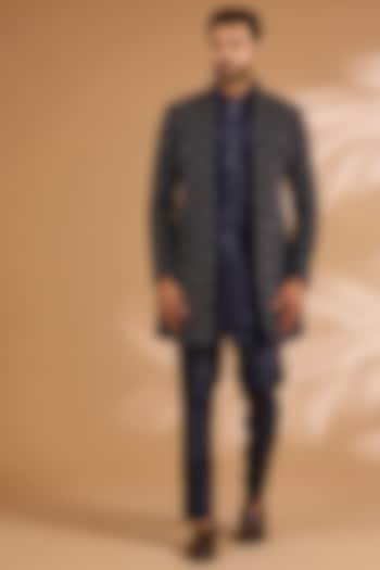 Navy Blue Silk & Viscose Suiting Knit Indowestern Set by Qbik Men