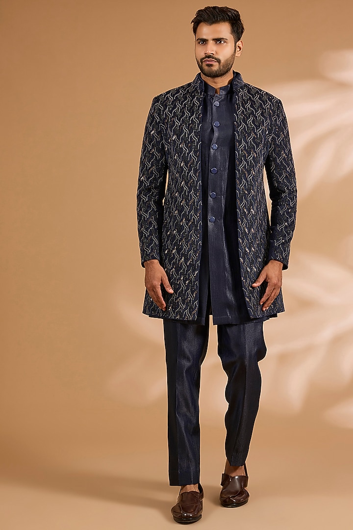 Navy Blue Silk & Viscose Suiting Knit Indowestern Set by Qbik Men