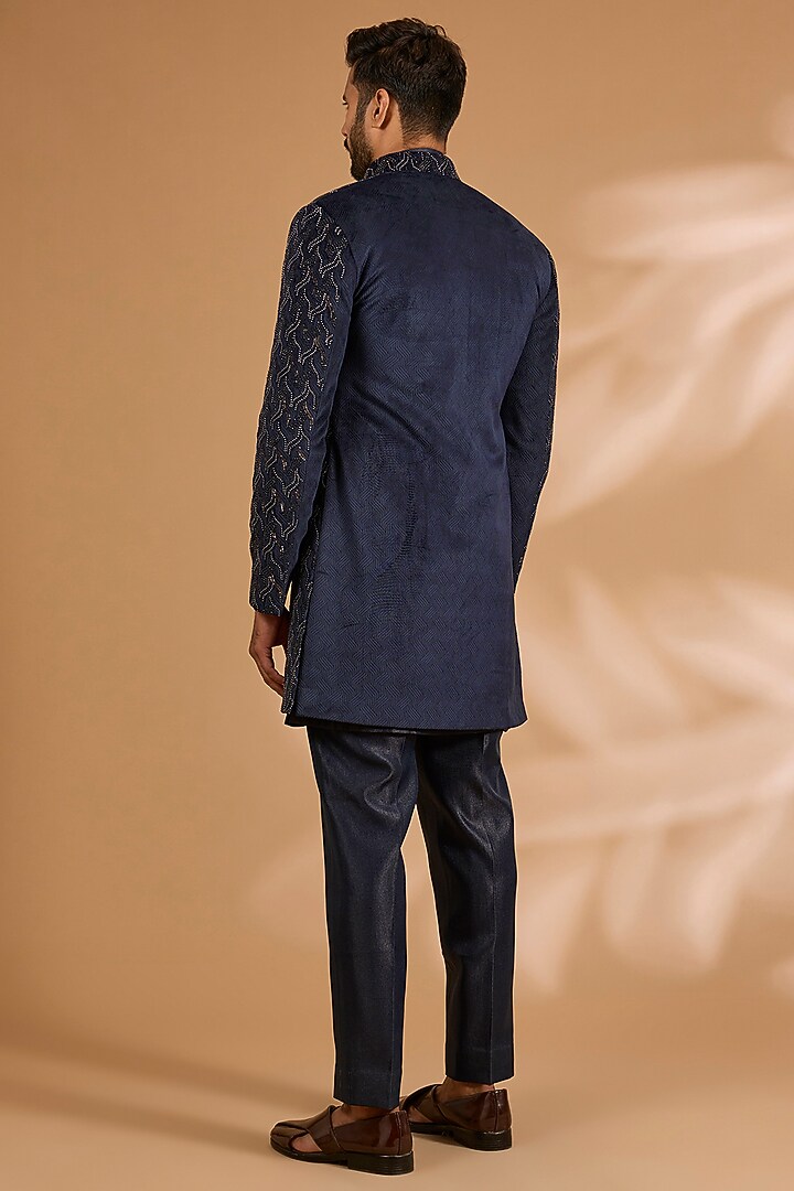 Navy Blue Silk & Viscose Suiting Knit Groom Indowestern Set by Qbik Men at Pernia's Pop Up Shop