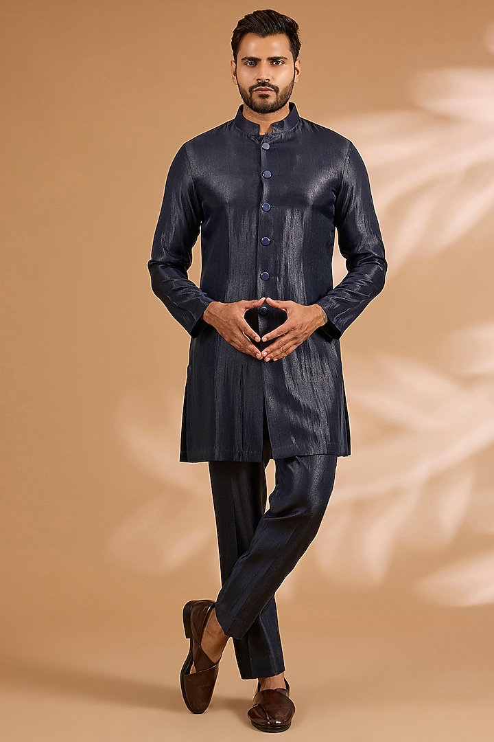Navy Blue Silk & Viscose Suiting Knit Groom Indowestern Set by Qbik Men at Pernia's Pop Up Shop