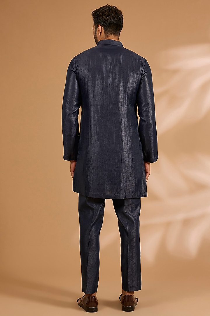 Navy Blue Silk & Viscose Suiting Knit Groom Indowestern Set by Qbik Men at Pernia's Pop Up Shop