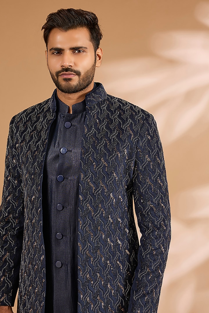 Navy Blue Silk & Viscose Suiting Knit Groom Indowestern Set by Qbik Men at Pernia's Pop Up Shop