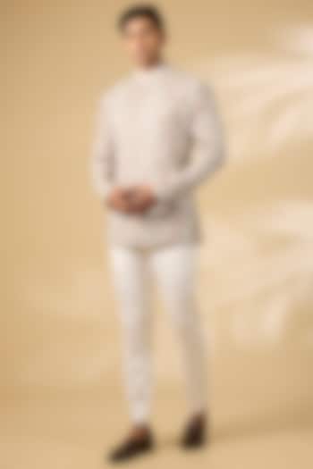 Ivory Viscose Wool Kashmiri Embroidered Groom Bandhgala Set by Qbik Men at Pernia's Pop Up Shop