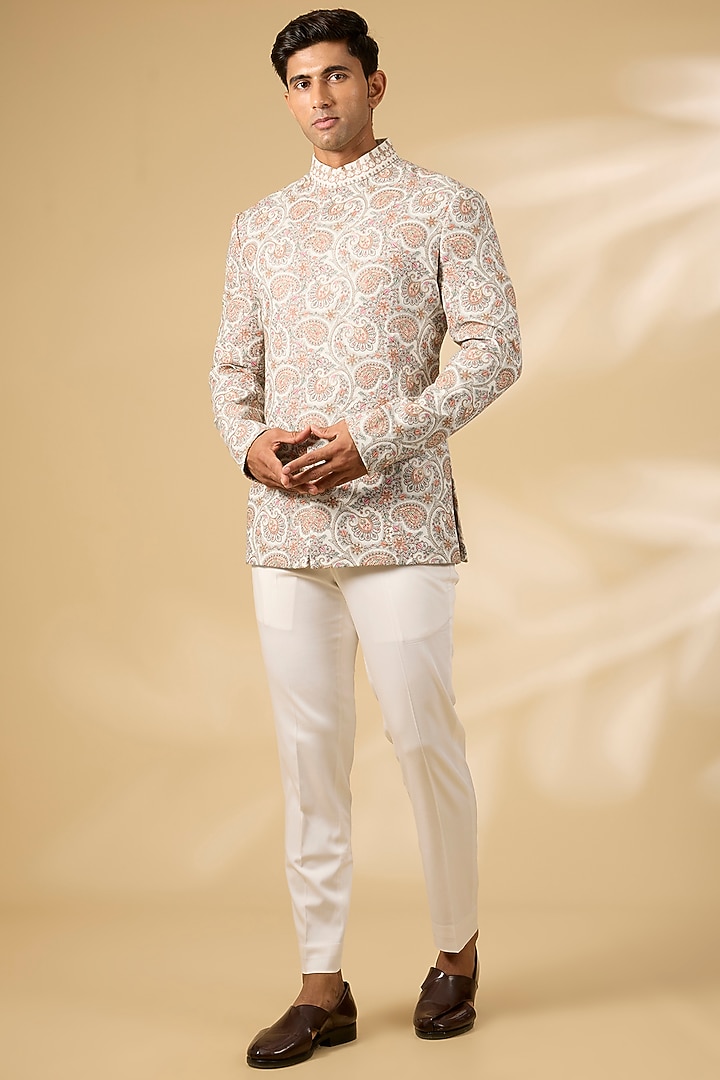 Ivory Viscose Wool Kashmiri Embroidered Groom Bandhgala Set by Qbik Men at Pernia's Pop Up Shop