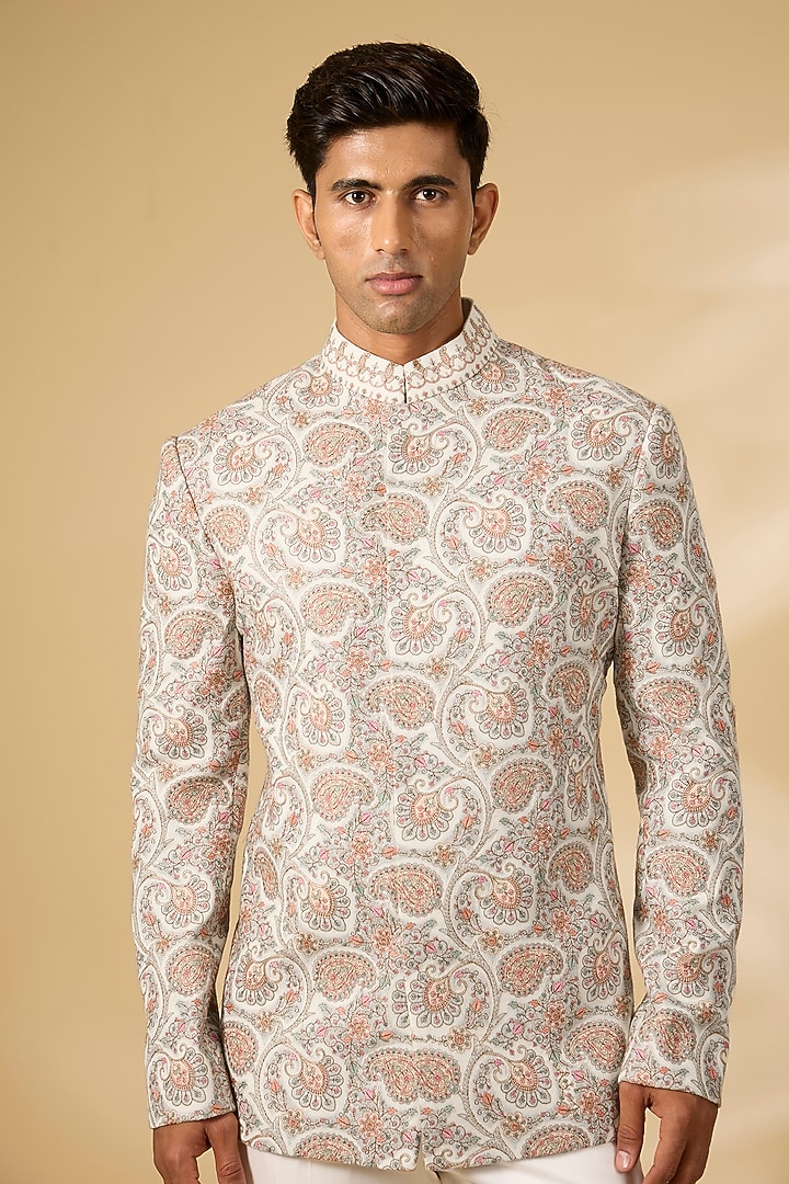 Ivory Viscose Wool Kashmiri Embroidered Groom Bandhgala Set by Qbik Men at Pernia's Pop Up Shop