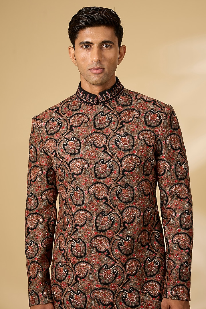 Black Pashmina Silk & Viscose Wool Embroidered Groom Bandhgala Set by Qbik Men at Pernia's Pop Up Shop