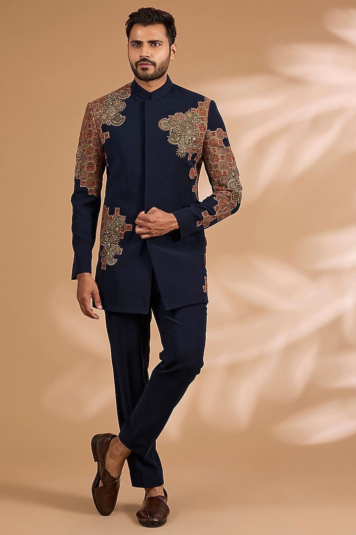 Navy Blue Jacquard & Wool Viscose Bandhgala Set by Qbik Men