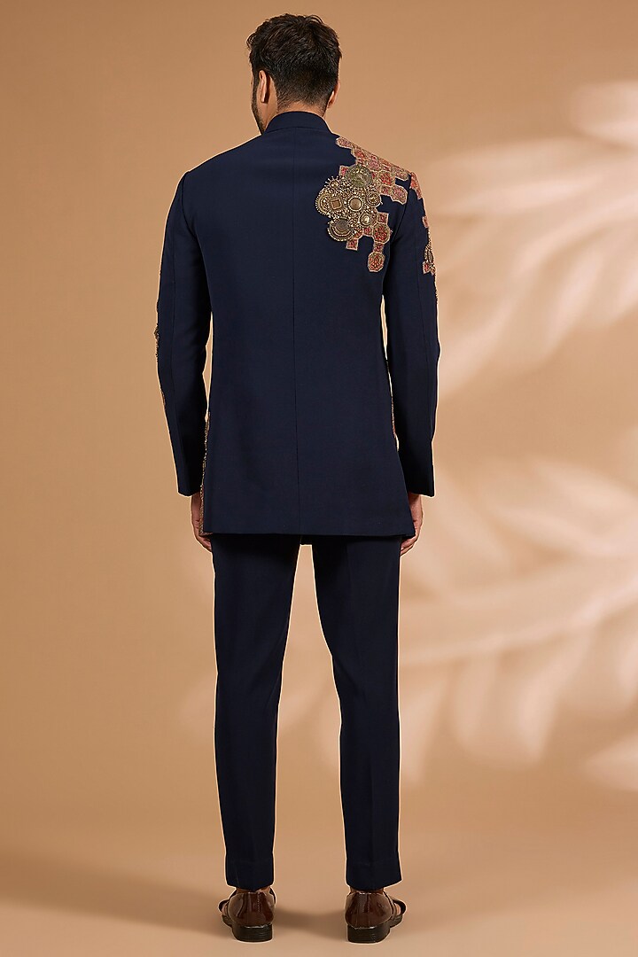 Navy Blue Jacquard Wool Viscose Groom Bandhgala Set by Qbik Men