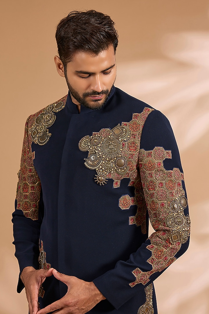 Navy Blue Jacquard & Wool Viscose Groom Bandhgala Set by Qbik Men at Pernia's Pop Up Shop