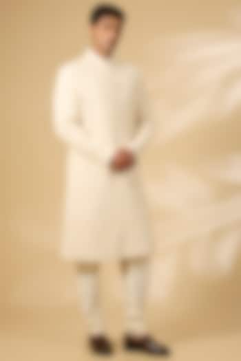 Cream Cotton Silk Thread Hand Embroidered Sherwani Set by Qbik Men