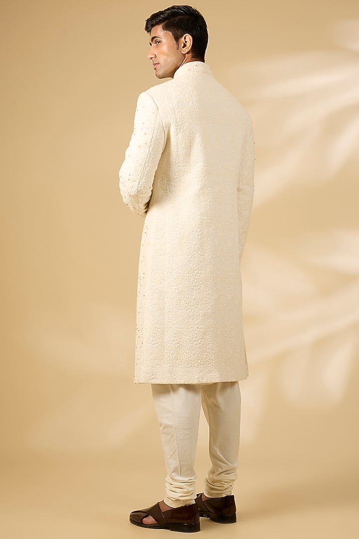 Cream Cotton Silk Thread Hand Embroidered Groom Sherwani Set by Qbik Men at Pernia's Pop Up Shop
