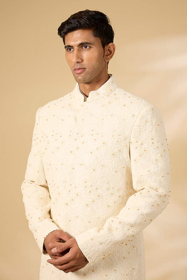 Cream Cotton Silk Thread Hand Embroidered Groom Sherwani Set by Qbik Men at Pernia's Pop Up Shop