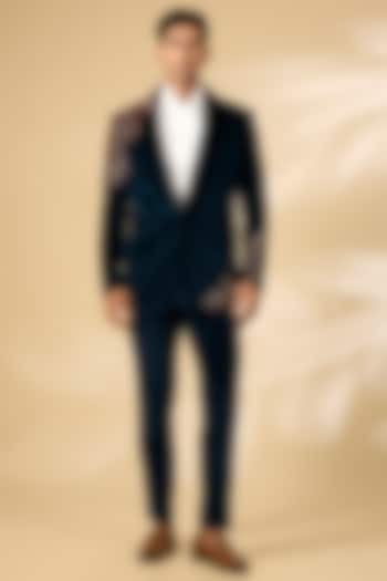 Teal Polyester Tuxedo Set by Qbik Men