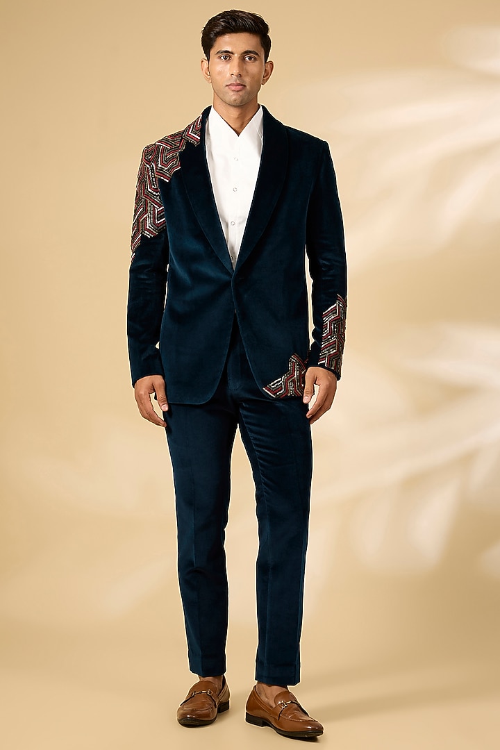 Teal Polyester Tuxedo Set by Qbik Men