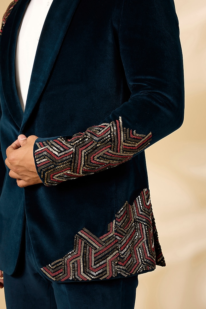 Teal Polyester Tuxedo Set by Qbik Men at Pernia's Pop Up Shop