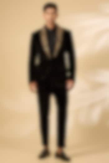 Black Polyester Tuxedo Set by Qbik Men