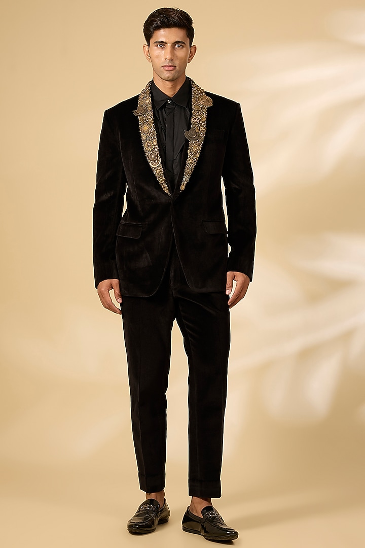 Black Polyester Tuxedo Set by Qbik Men
