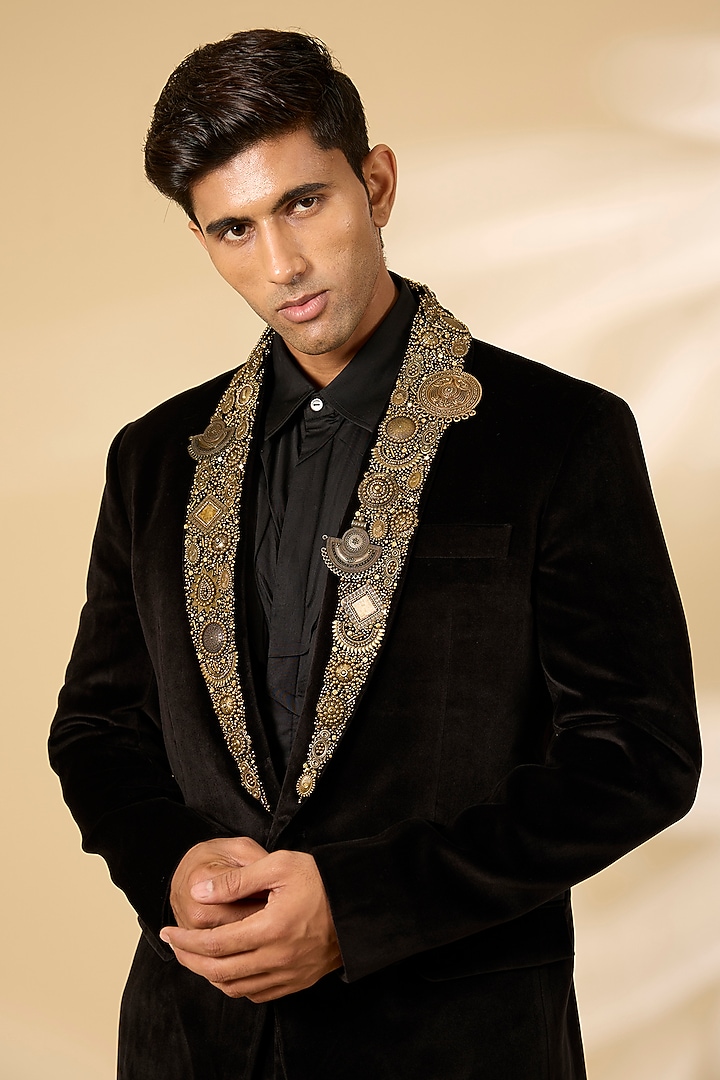 Black Polyester Tuxedo Set by Qbik Men at Pernia's Pop Up Shop