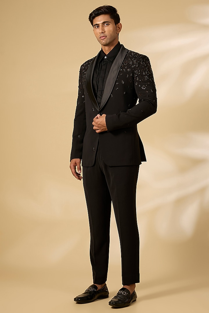 Black Polyester Tuxedo Set by Qbik Men